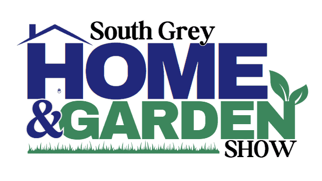 Logo for the South Grey Home & Garden Show, featuring bold text with a house roof over "Home" and leaves sprouting from the word "Garden.