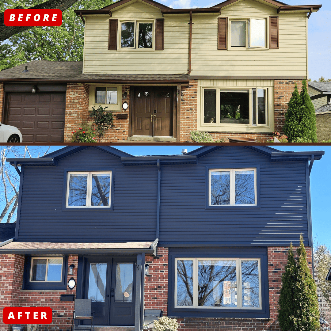 Simple Photocentric Before And After Instagram Post Side-By-Side Before And After Photos Of A House Exterior, Showing A Color Change From Beige And Brown To Dark Blue With Matching Trim And Updated Windows.